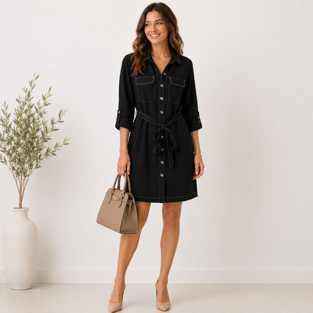 F&F Button-Up Dress Women's Size 10 Black Pockets Business Casual Minimalist
